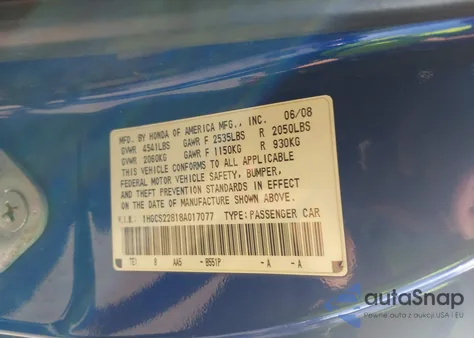 2008 Honda Accord 3.5 Ex-L из США, поврежденный, VIN 1HGCS22818A017077